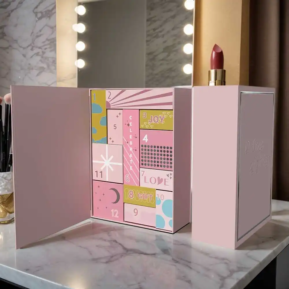 Custom Empty Cosmetic Advent Calendar Gift Box Pink Cardboard Paper Box Luxury Advent Calendar Box 12 Days