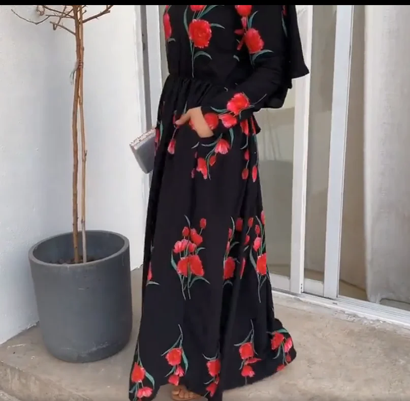 Plus size muslim long sleeve gown rose printed muslim woman dress latest burqa designs