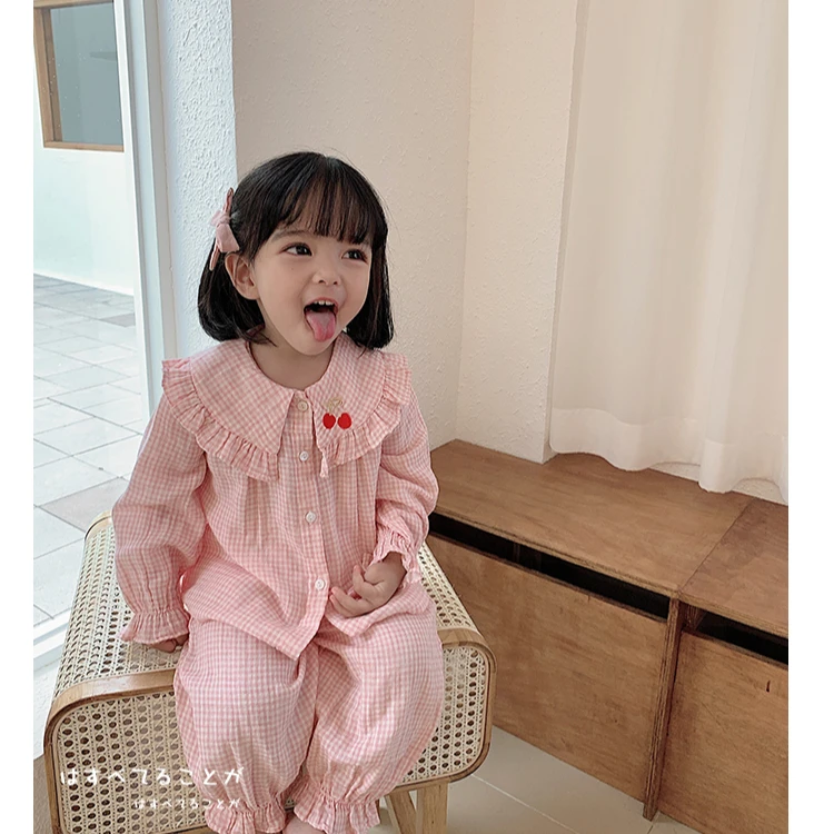 
Korea Fresh Maple Leaf Pajamas Sets Women Gauze Cotton Long Sleeve Casual Sleepwear Pyjamas 
