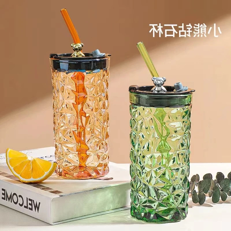 Bear series glasses with straw cups cute office milk to drink 400ml bottles