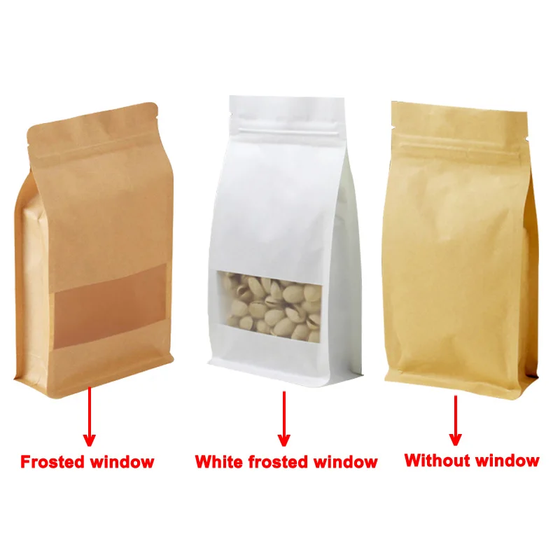 In Stock 10x20cm White Package Zip Zipper Foil Lined Brown Beans Packaging 8 Side Seal Flat Bottom Paper Kraft Bag With Window