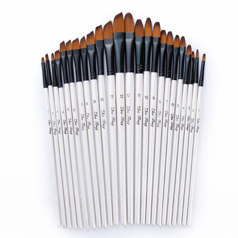 12 Pcs Paint Brush Set Nylon Hair With Wood Handle For Watercolor Acrylic Oil Painting