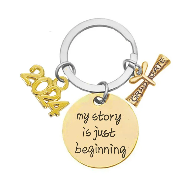High quality bag pendants My story beginning class of 2024 graduates inspirational gift Stainless steel round engraved key chain