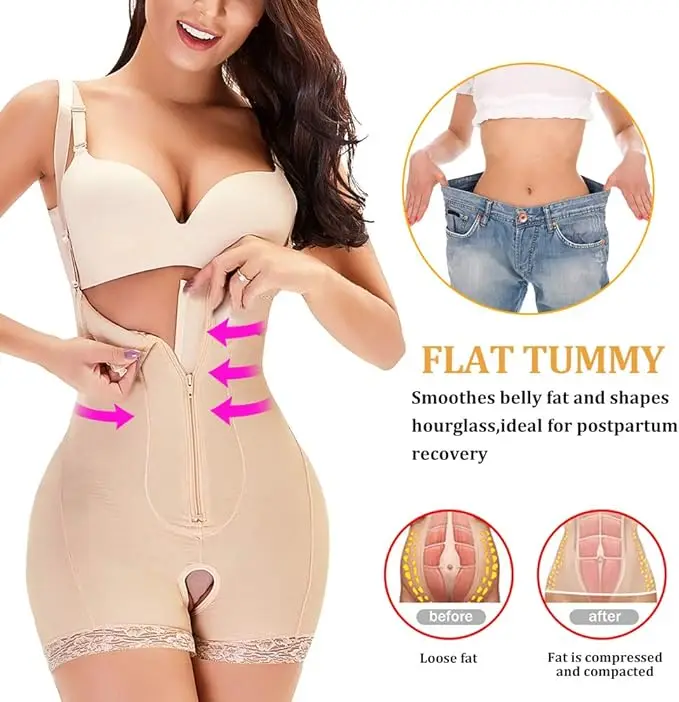 Open Bust Lace Trim Buckle Front Slip Shapewear Panties Tummy Control Adjustable Slimmer Body Shape Underwear