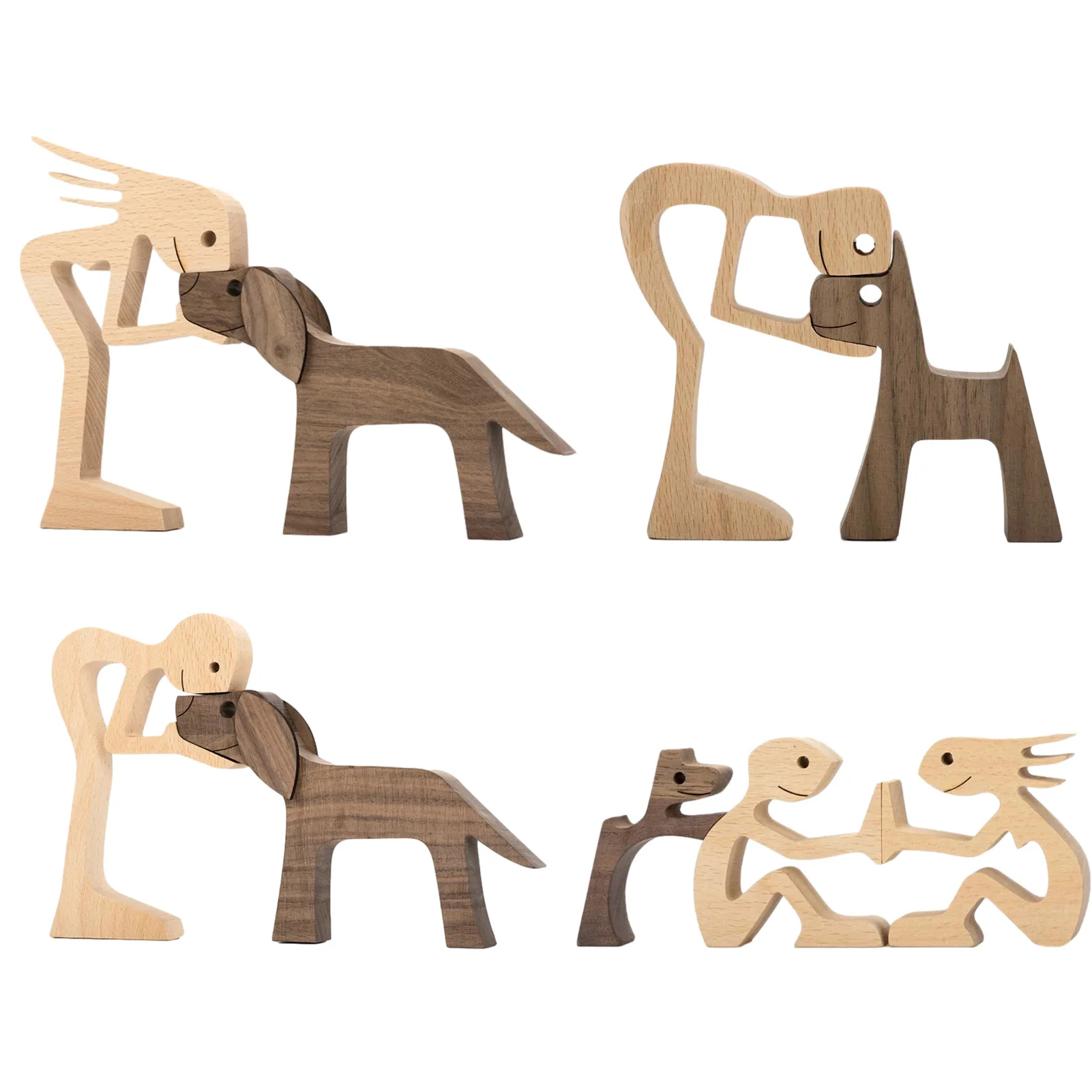 Family Puppy Wood Dog Craft Figurine Desktop Table Ornament Carving Model Creative Home Office Decoration Love Pet Sculpture