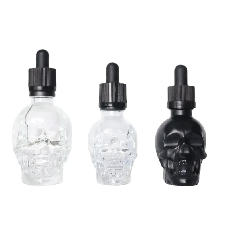 30ml 60ml 120ml Matte Black Skull Shape Glass Bottle Essential Oil Glass Dropper Bottle With Childproof Cap