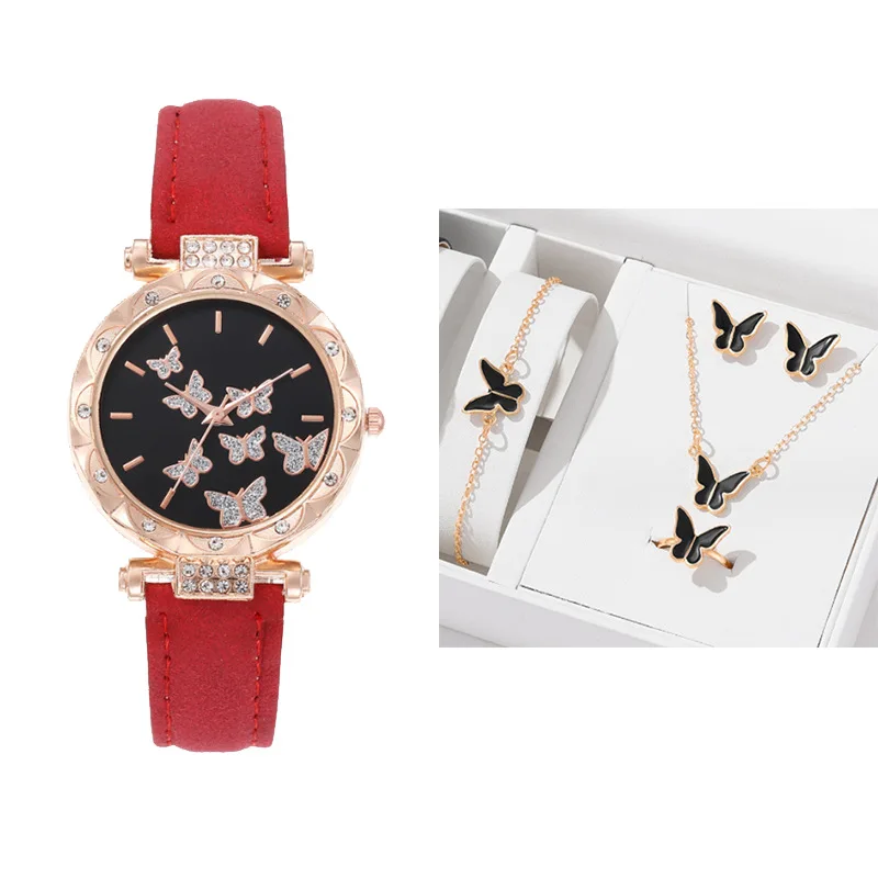 Women Watch Jewelry Luxury Gift Set Fashion 5Pcs/Set Ring Earring Bracelet Necklace Butterfly Set Watches Designer Ladies