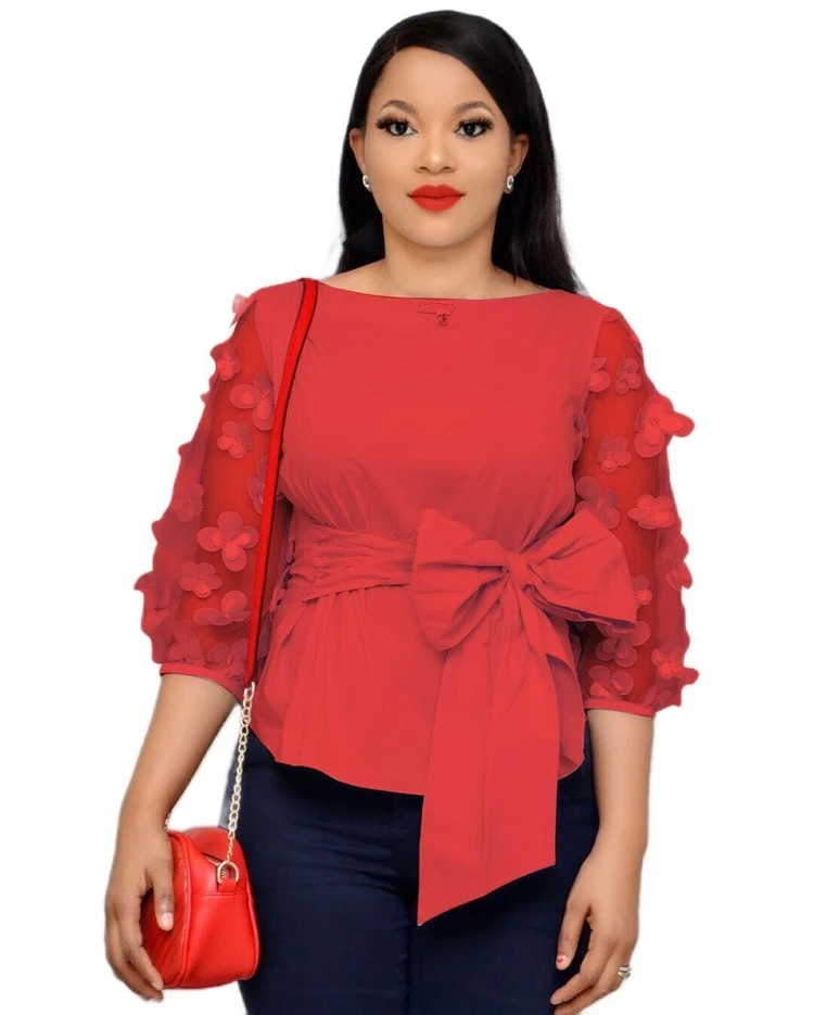 Autumn Spring New Slim Waist Lace Up O Neck Patchwork Mesh Flare Long Sleeve Appliques  Women Elegant Shirt Slim Short Blouse