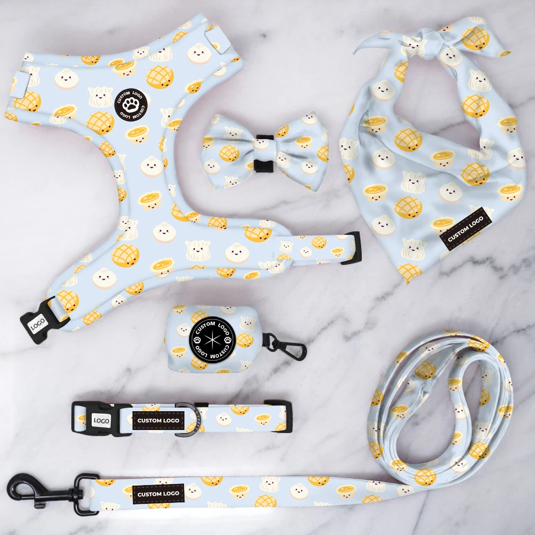 Pet accessories dog harness collar set breathable mesh adjustable harness leash poop bag bandana