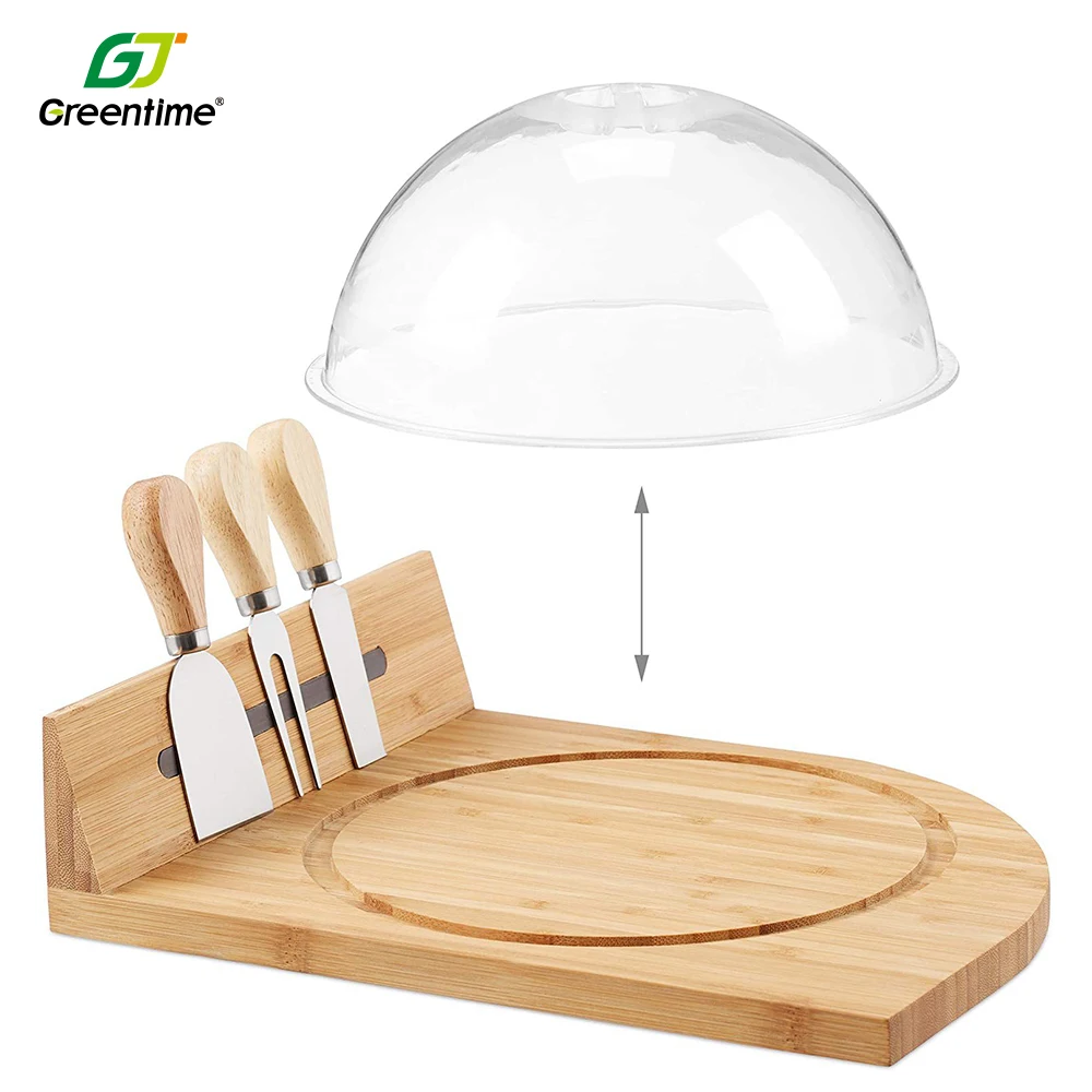 Butter Bread Plate Cutting Board Wooden Bamboo Cheese Board And Knife Set With Transparent Acrylic Lid