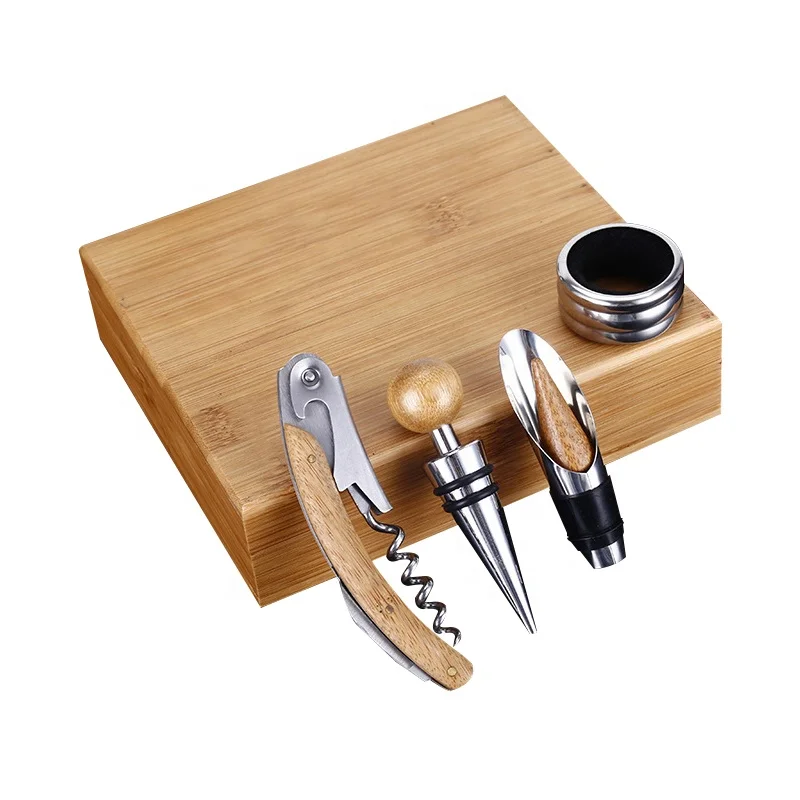 4Pcs wine accessories bottle opener corkscrew kit with bamboo box set