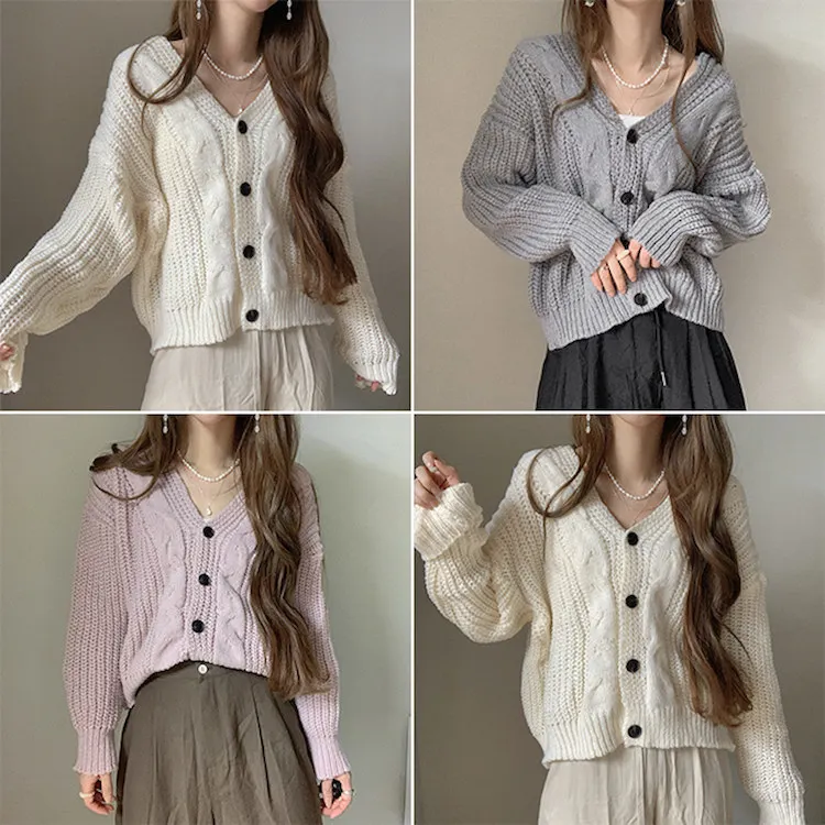 Factory Price Fall Cable Knit Cardigan Women Retro Twist Buttons Pullovers Lazy Winter Coat Plain Knitted Cardigans For women