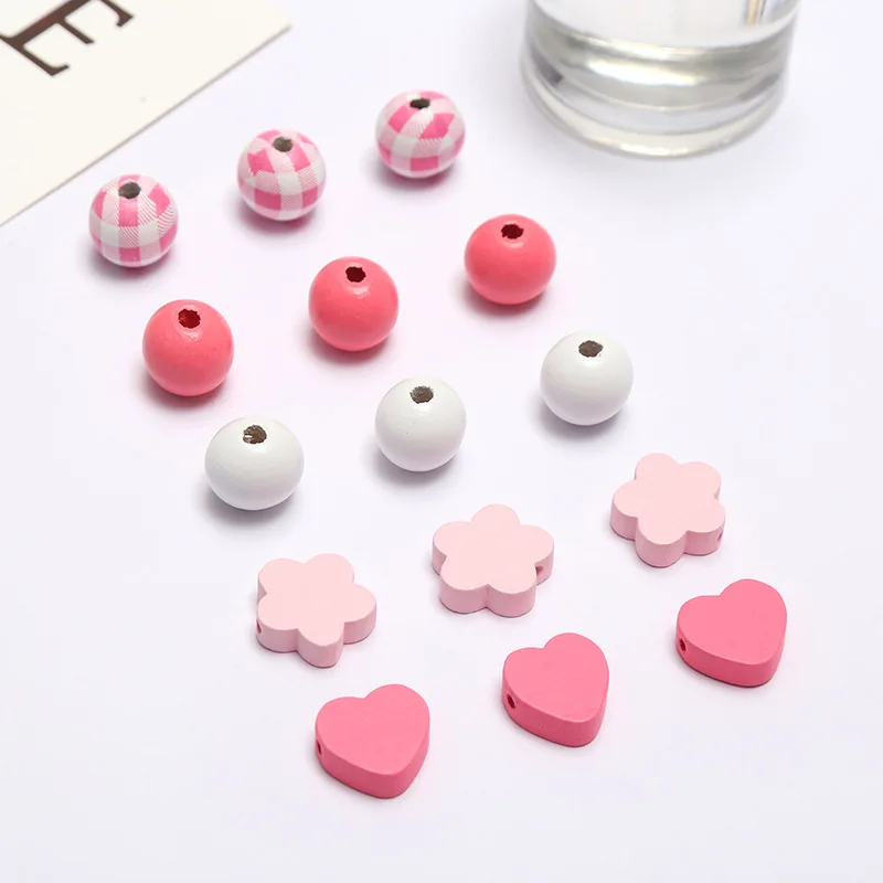 200 pcs Wholesale Pink Flowers, Love Shaped Loose Wood Beads For DIY Bead Bracelet