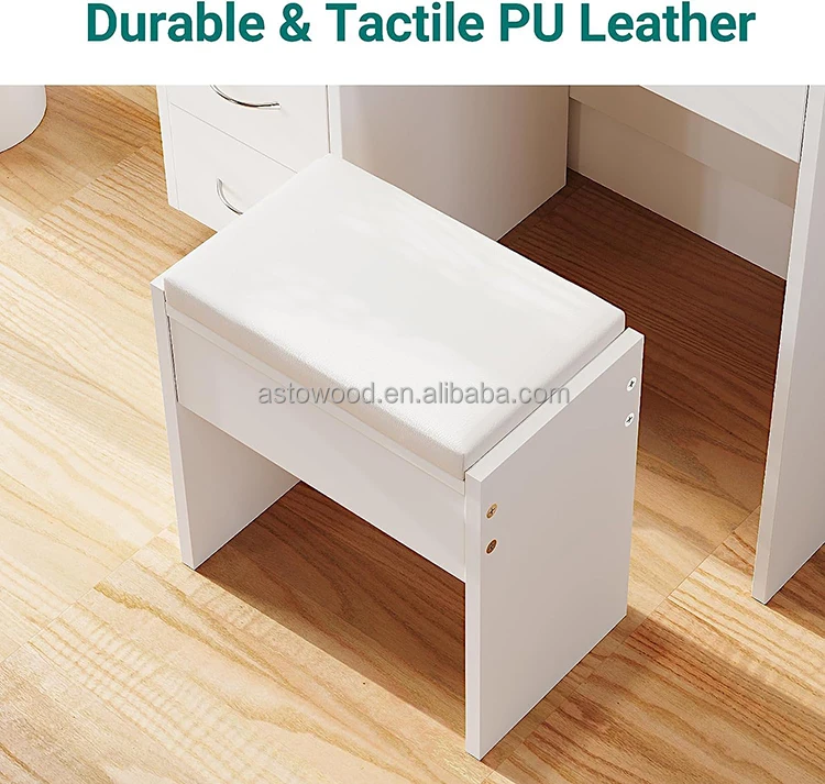 White Dressing Table Set with Mirror and Stool, 4 Drawers Vanity Table with Shelves for Girls Women Bedroom Makeup Desk