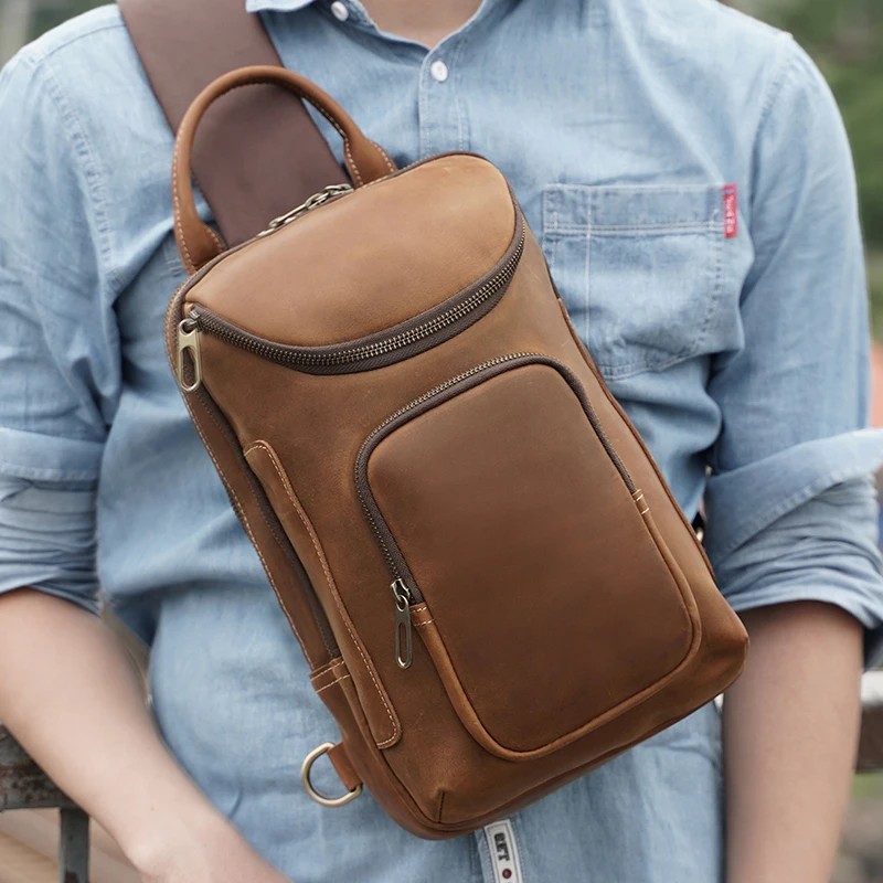 Ho Selling Vintage Design High Quality Full Grain Crazy Horse Cow Leather Cross body Chest Bag Real Leather Chest Bag For Man