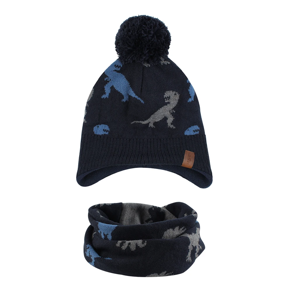 Winter Dinosaur Knitted Kids Hat Girls Boys 100% Acrylic Scarf Children Winter Scarf Pom Pom Beanie Set