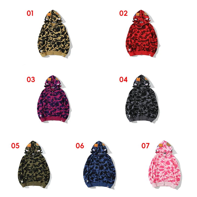 100% Cotton High Quality Bathing Ape Shark Camo Zip Streetwear Unisex Men Women Bapees Hoodie Jacket for Autumn