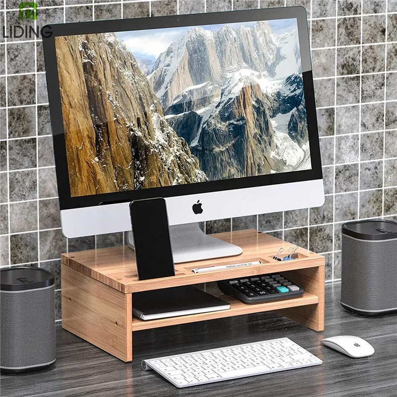 Bamboo Office Laptop Computer Monitor Bamboo Laptops Stand Desk Monitor Riser Stand with Storage Organizer for Computer