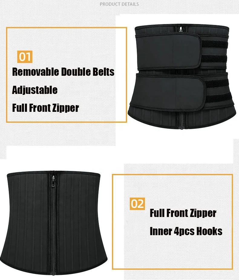 Custom 25 Steel Bones Front Zip Up Detachable Double Belt Adjustable Women Tummy Latex Waist Cinchers Shaper Latex Waist Trainer