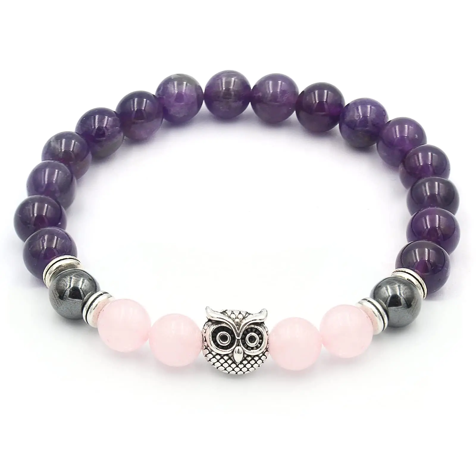Natural crystal healing stone Amethyst rose quartz Bracelet with elephant Owl charm