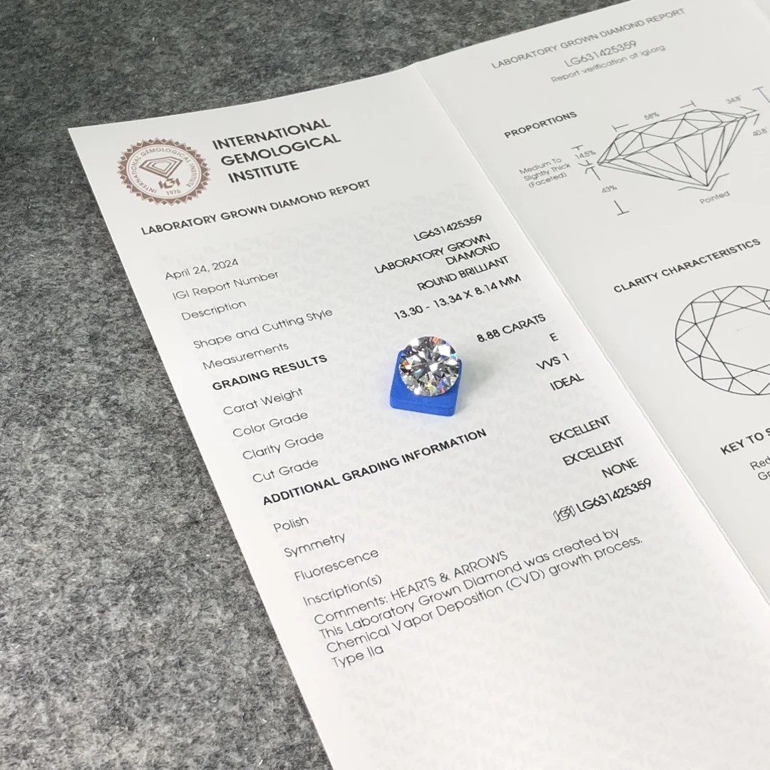 IGI GIA Certified 8.88ct  E VVS1 Wholesale Lab Created Diamond CVD Lab Grown Diamond