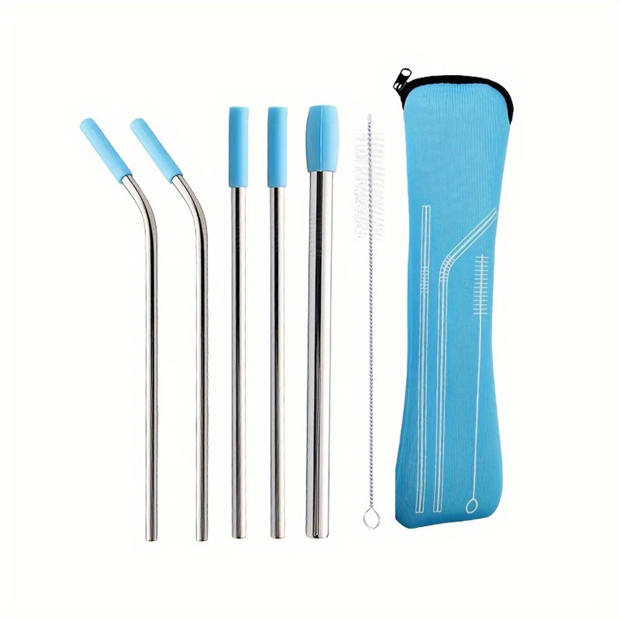 6Pcs/set Reusable Silicone Boba Bubble Tea Drink Straw + Clean Brush Stainless Steel Straws Set