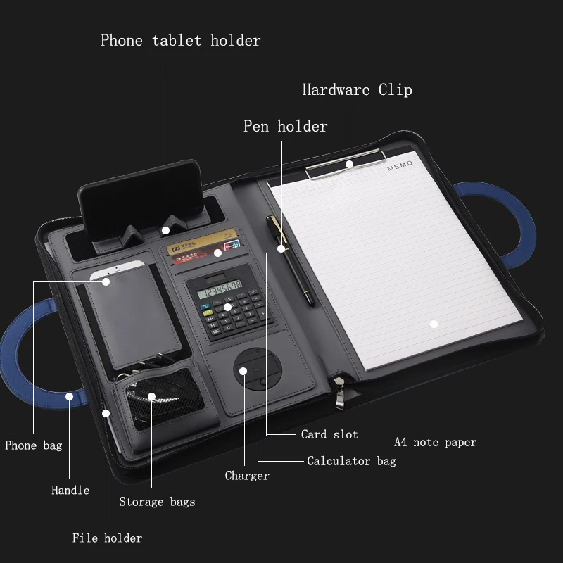 A4 multifunctional wireless charging treasure file folder with zipper mobile power business leather notepad folder
