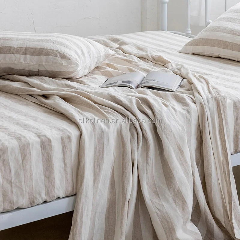 stripe hotel bedding set stone washed king size  belgium pure  french 100% linen flux sheet sets