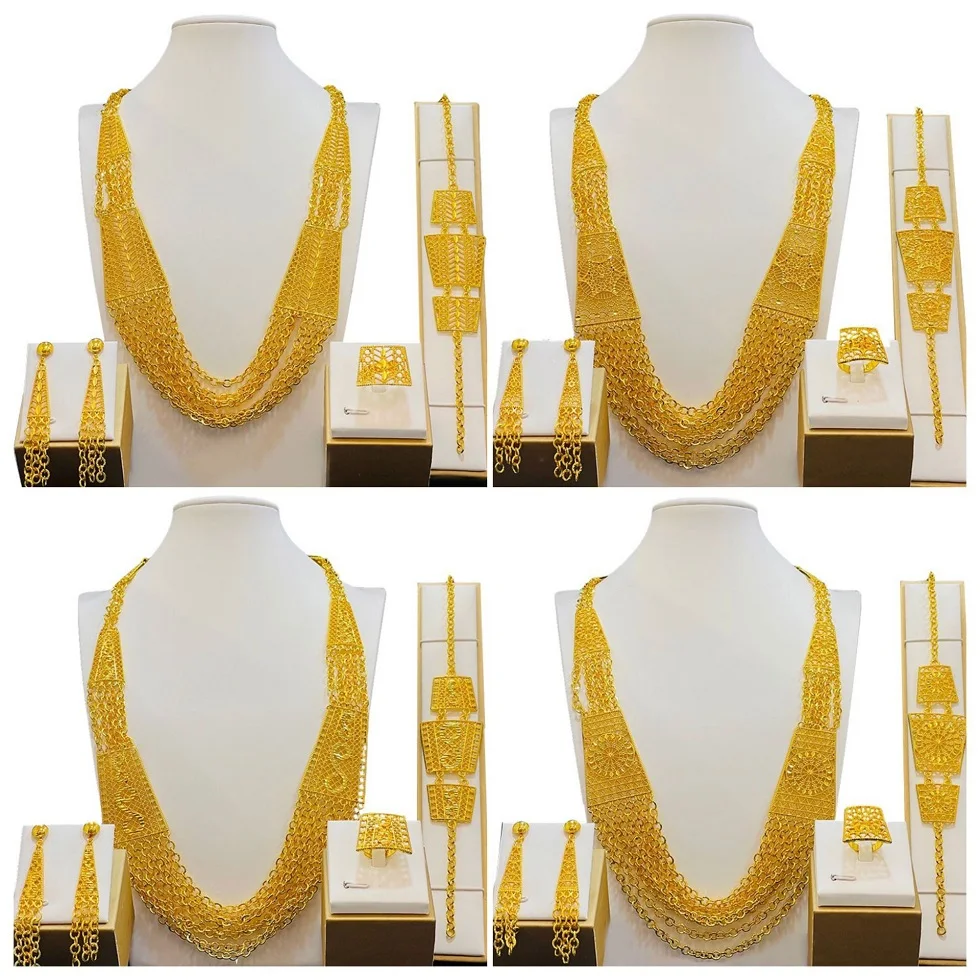 LOTOS JEWELRY 2023 New Item 24k Gold Plated indian Wedding Bridal Necklace Bracelet Earring Ring 4 PCS Jewelry Set