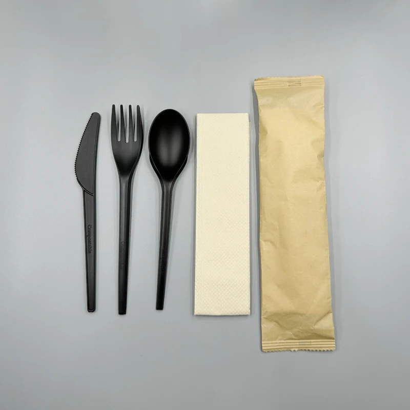 Compostable disposable pla/cpla biodegradable cutlery with napkin plastic cutlery set disposable pla spoon bio