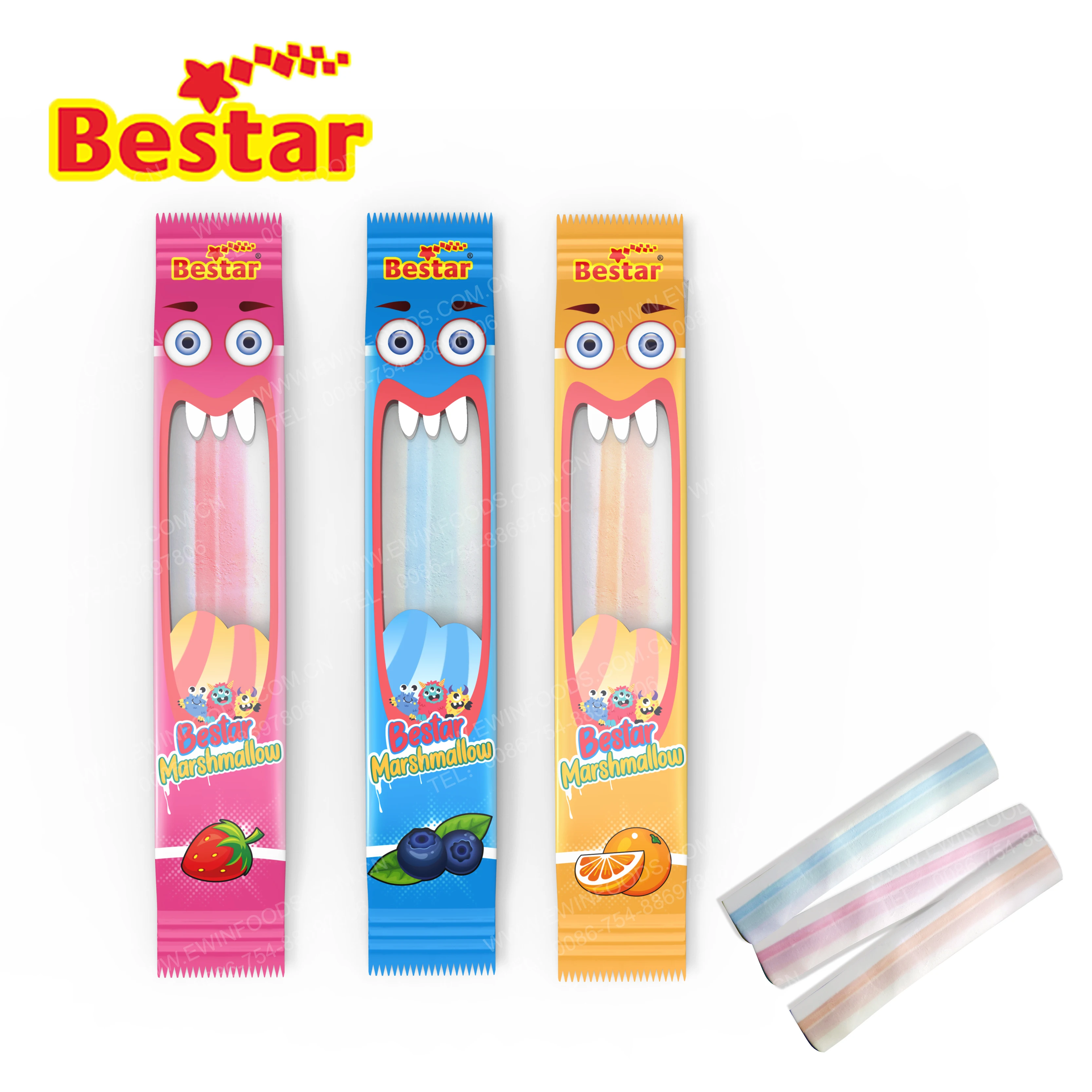 Marshmallow sour taste long and flat shape with acid powder fruit flavors monster shape lovely display box for kids