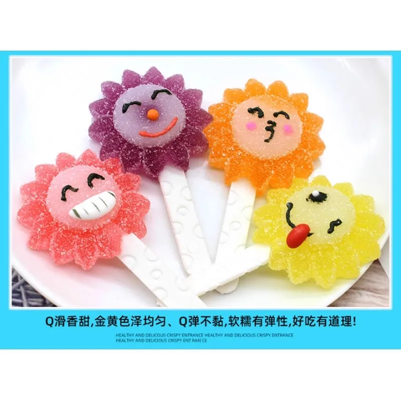 fruit flavor sunflower shaped sugar coated jelly gummy  lollipop candy wholesale