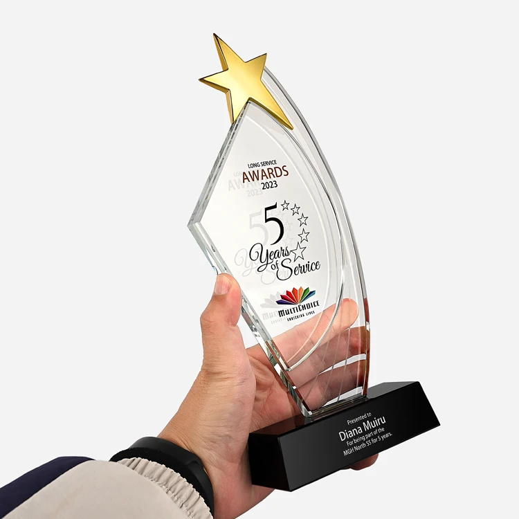 Сияющая Мода на заказ Новый хрустальный стеклянный трофей металлические пятиконечные звезды наградные качественные сувениры компании