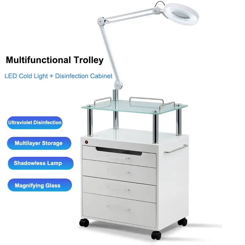 Beauty Salon Cosmetic Cart Beauty Trolley Medical Cart With LED Cold Light Tattoo Lamp UV Ozone Disinfection Cabinet Drawer