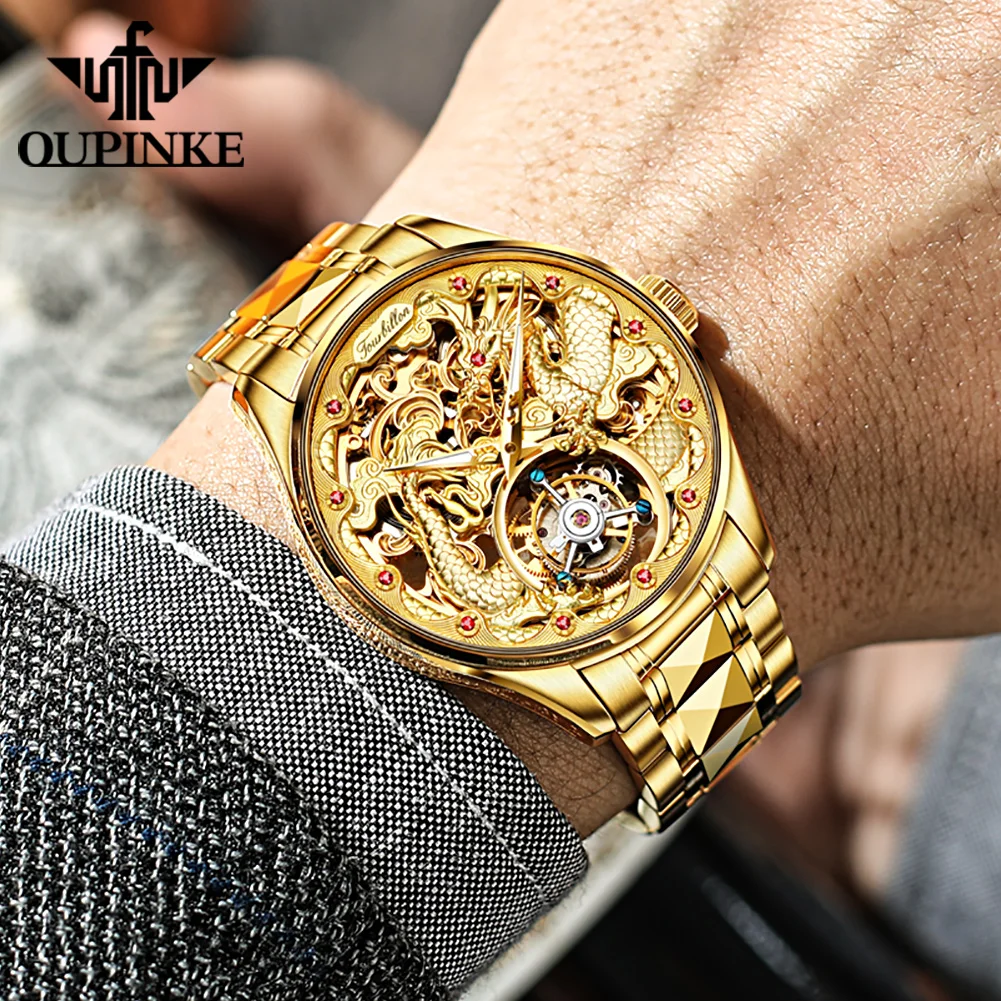 
OUPINKE Luxury Brand Skeleton Mechanical Men Watches Steel wrist Sapphire Automatic Watch High-end status symbol for men 