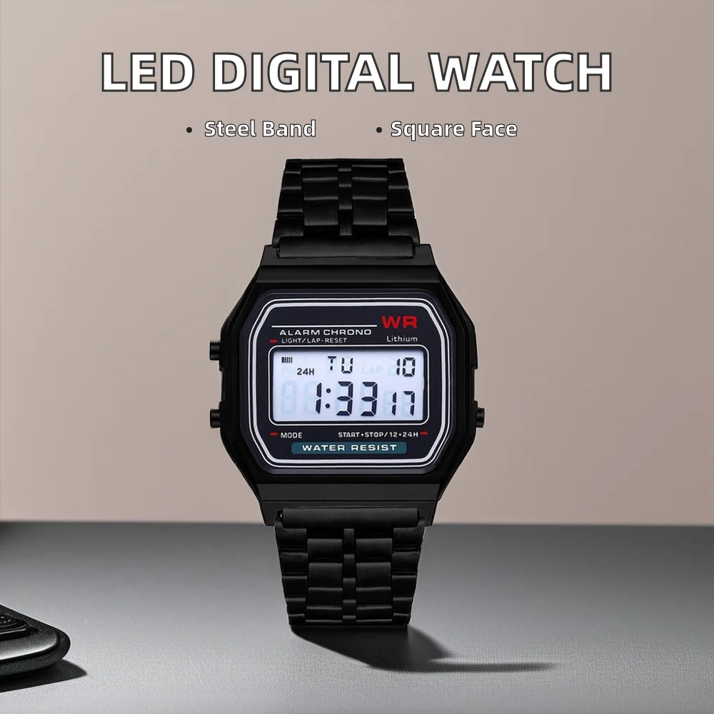 Luxury Unisex Sport Quartz Digital LED Wrist Watch Luminous Colorful LED Display Stainless Steel Band Alloy Case Featuring Alarm