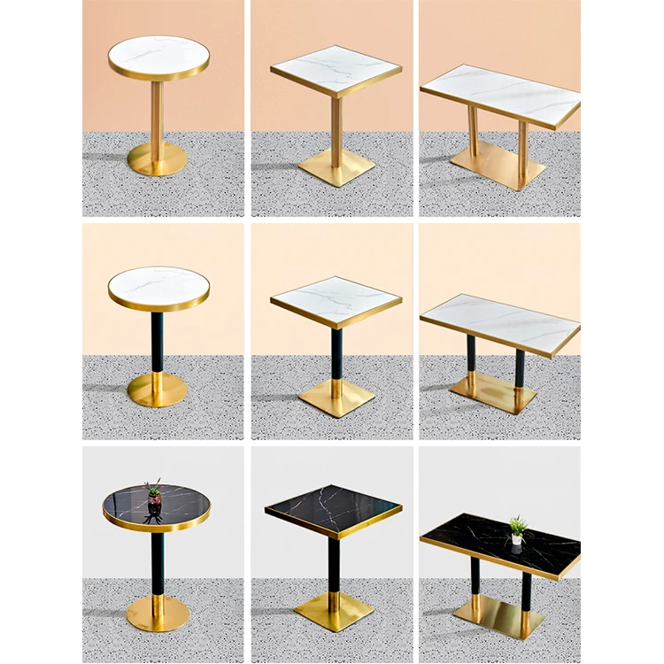 New product custom size luxury restaurant tables gold metal base square marble top cafe dining table