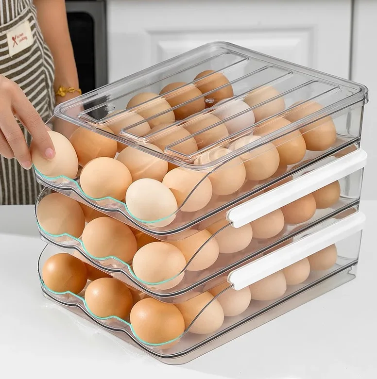 BOCHENG Hot Selling Kitchen Plastic Fridge Organizer 12-14 Grid Drawer Egg Trays 2 Tier Egg Storage Containers for kitchen