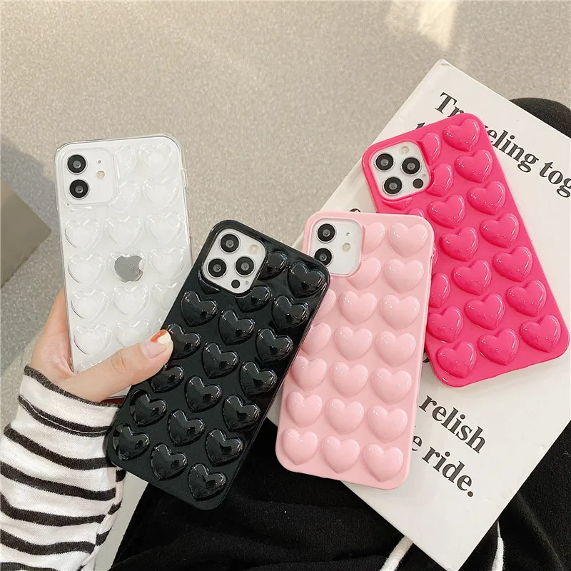 Fashion Cute 3D Love Heart Shape Phone Cases For iPhone 13 12 11 Pro XS Max XR Candy Color Shockproof Back Cover For Women Girls