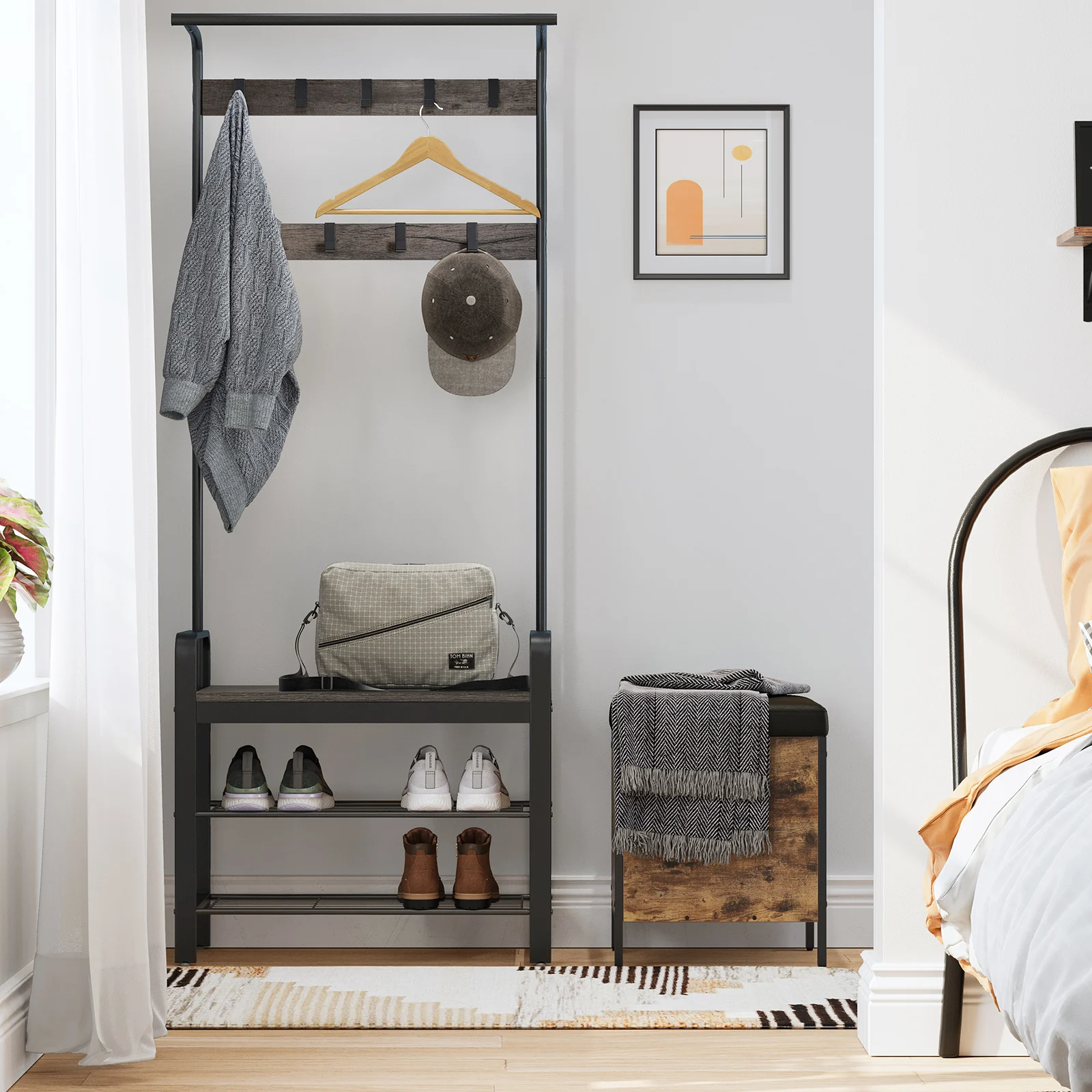 Hallway Entryway Industrial Hat Cloth Hanger Rustic Vintage Metal Wood Coat Rack Stand With Shoe Storage Bench
