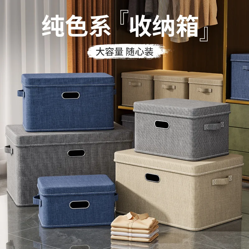 Linen Fabric Storage Bin with Lid Foldable Storage Box Organizer Basket for Clothes Storage Containers for Bedroom Office Home