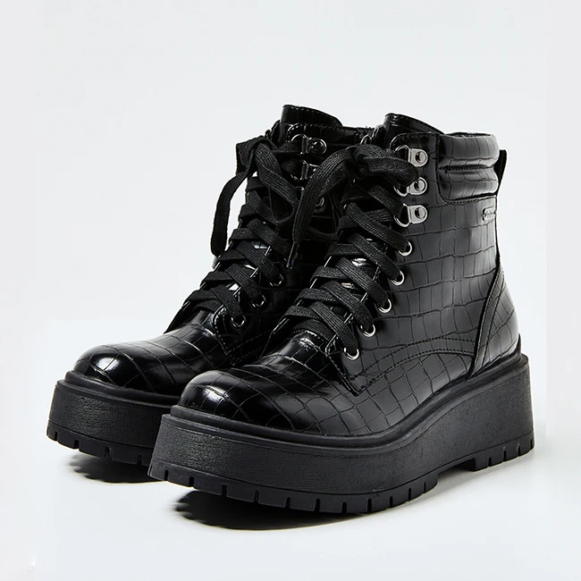 Customization Lace Up Zipper Up Round Toe Black Stone Texture Material Punk Style Women Chunky Platform Sole Combat Woman Boots