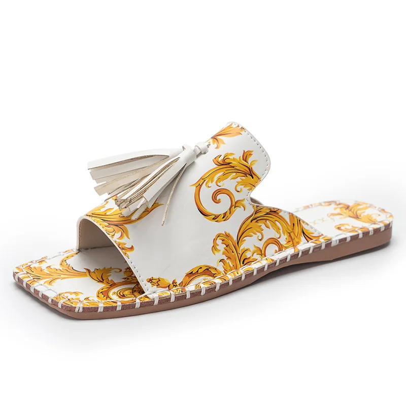 LX-091 2021 Bohemia floral print flat tassel slippers cross strap open toe Hand woven PU leather sole beach sandals for women