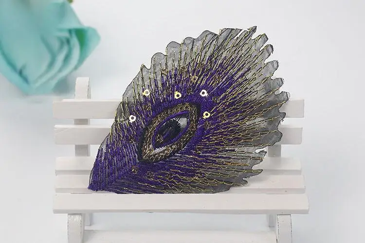Wholesale cheap iron on ostrich feathers and eye patch 4 inch heat press peacock feather embroidered patches for clothing dress