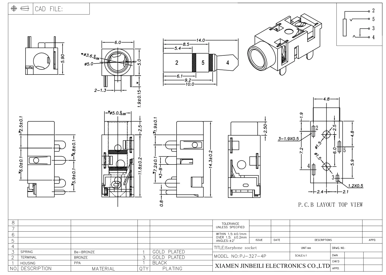 PJ-327 3.5mm jack 5 pin rca jack 3.5mm audio cable c type to 3.5mm headphone audio jack adapter cable audio connectors