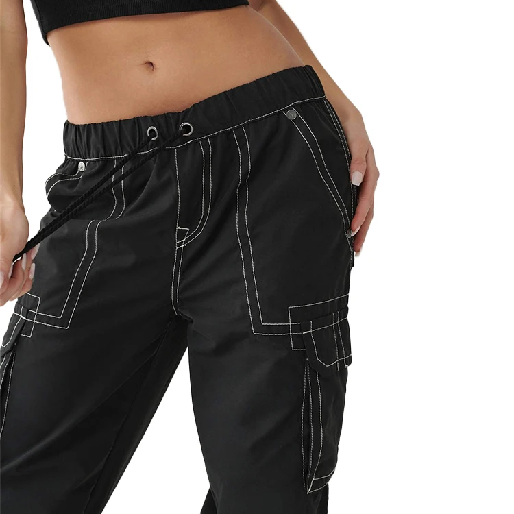 Custom OEM Manufacturer Vintage Pockets High Waist Streetwear baggy Casual ladies Long parachute Cargo Pant for women Trousers