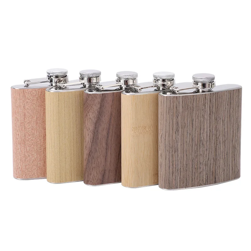 Custom logo Promotion Gift travel Portable Wooden 6oz Stainless Steel Hip Flask wholesale Metal Wood Grain Whisky Flask