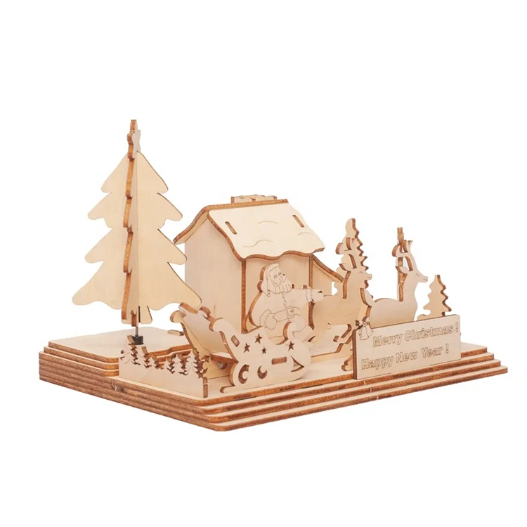 
3D wooden puzzle solar DIY christmas village house for kids 