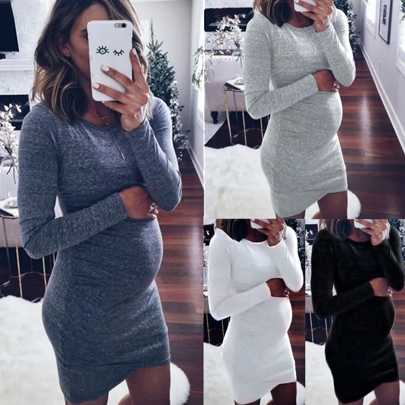 Drop shipping for Spot new products  hot sale solid color round neck long sleeve maternity shoot summer dress