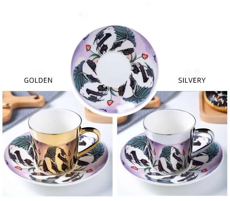 Tazas creative electroplating mirror reflection Light luxury mug set gift box ceramic coffee cups with gold handle